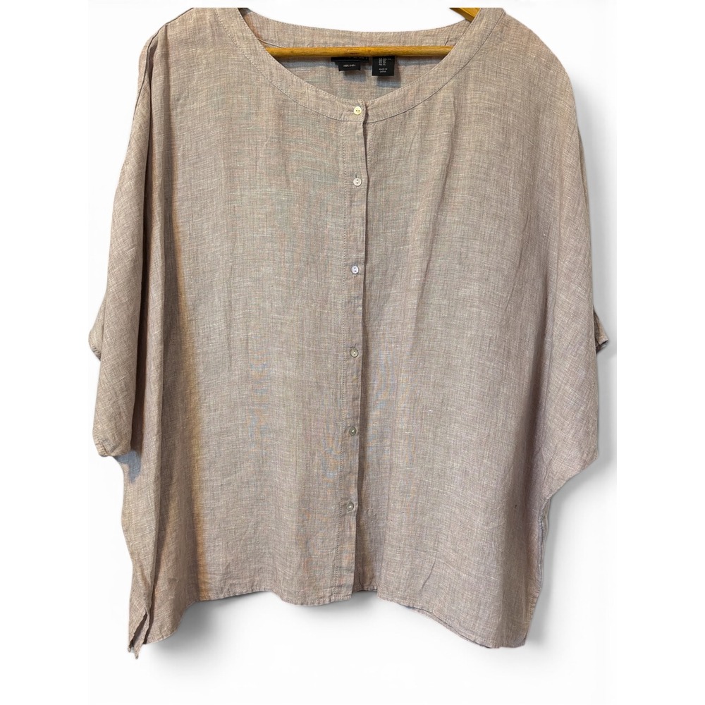 Tahari Women XL Tan 100% Linen Oversized Button Front Flowy Blouse Top oatmeal